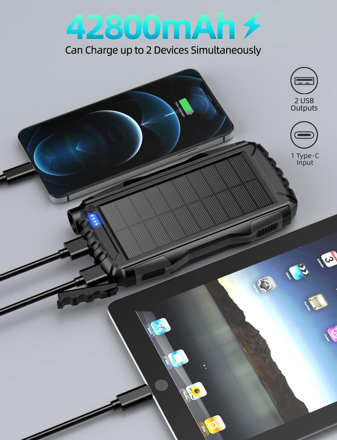 Solar PowerBank - 42800Mah solar battery charger with a built in bright flashlight